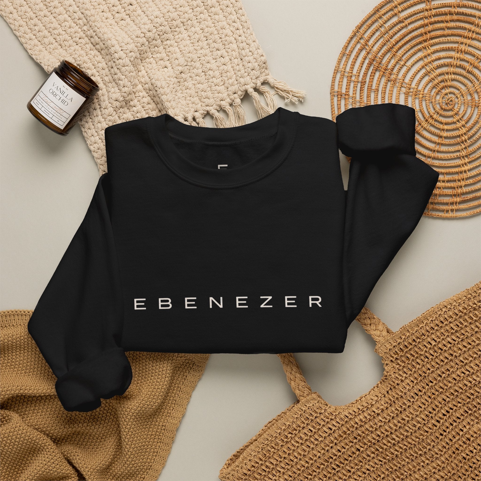 Ebenezer Minimalist Crewneck Sweatshirt — Classic Black Text Pullover